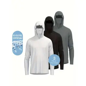 3 Pcs Men's Solid Sun Protection Hooded Shirt With Mask, Active Long Sleeve High Stretch Rash Guard For Fishing Hiking Outdoor
