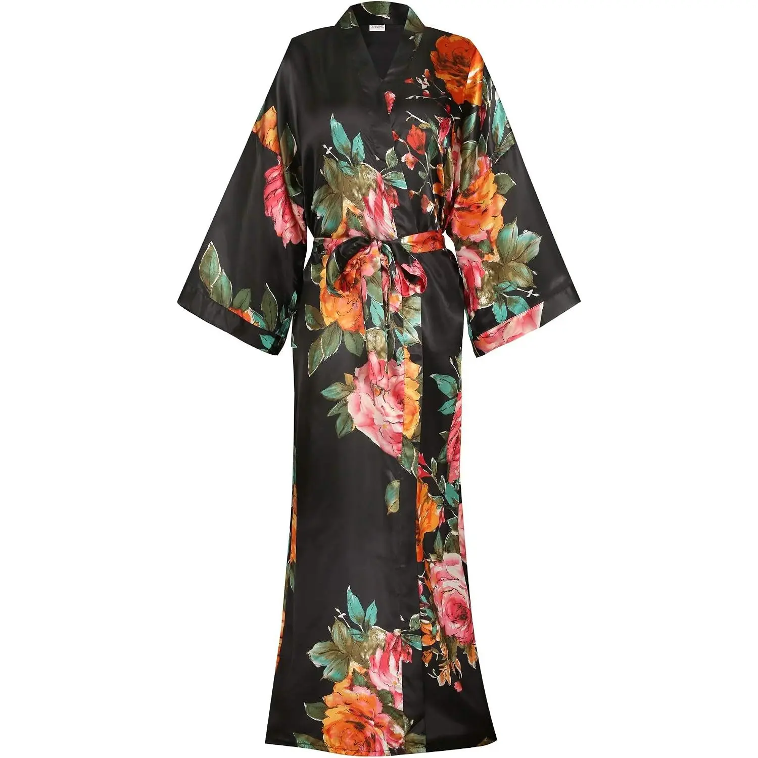 goodmansam Women's Long Floral Satin Kimono Robes Bridal Dressing Gown Wedding Bridesmaid Nightgown