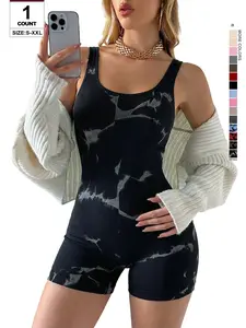 Women's Solid Color Sand-Washed Tie-Dye Jumpsuit, Seamless Ribbed Bodysuit, Square-Neck Tummy-Control Fitness Unitard, Casual Knit Romper