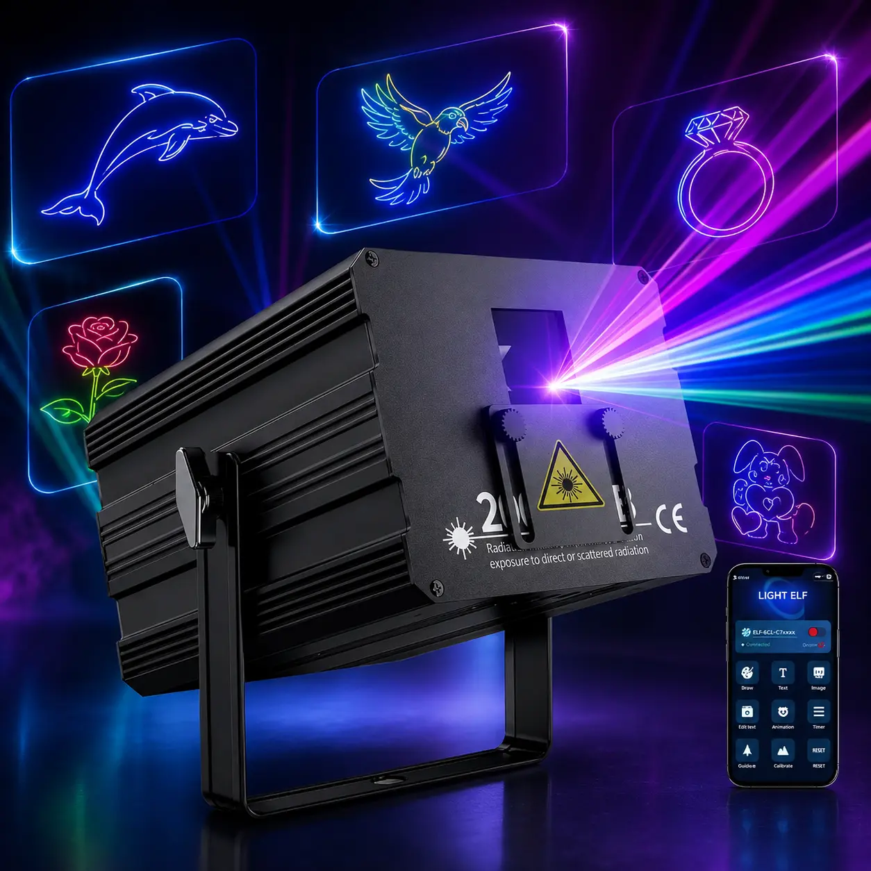 RGB 3D Animation DJ Laser Lights, APP Controlled Party Laser Projector, Sound Activated Stage Lights with Custom Patterns & Text for Halloween, Wedding, Club, KTV, Rave & Home Party