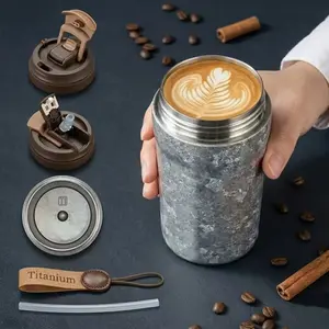 400mL/15oz Pure Titanium Travel Coffee Mug with Lid & Strap, 3-in-1 Straw & Sip Insulated Tumbler for Hot and Cold Drinks, 100% Leak Proof Small Reusable Portable Cup, No Metallic Taste (Starlight Silver)