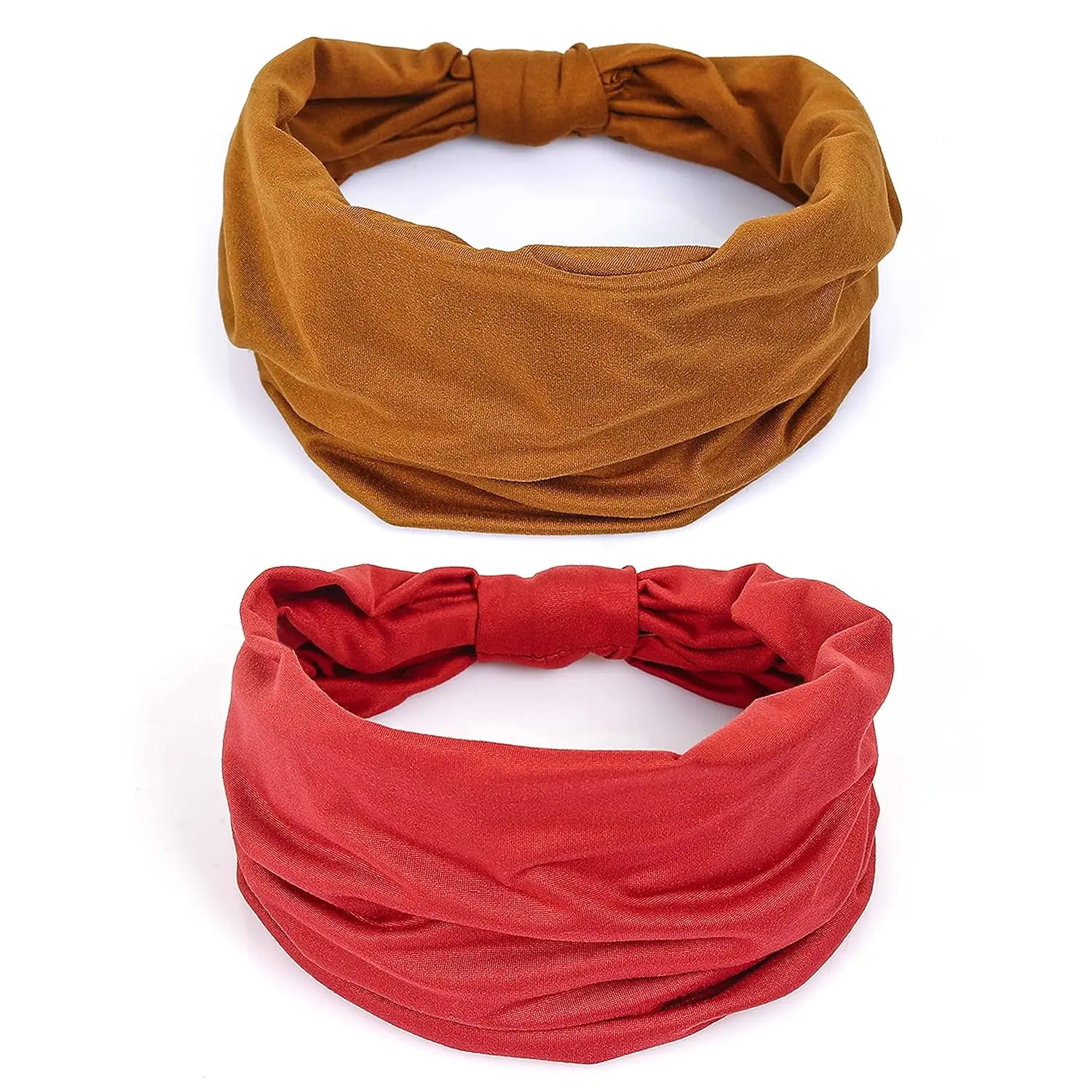 2 Pack Wide Headbands for Women Boho  Knotted Non Slip Fashion Hair Bands Yoga Running Sports Workout Gym Head Wraps Elastic Soft Cotton Cloth Turbans Bandana for  (Brown,Red)