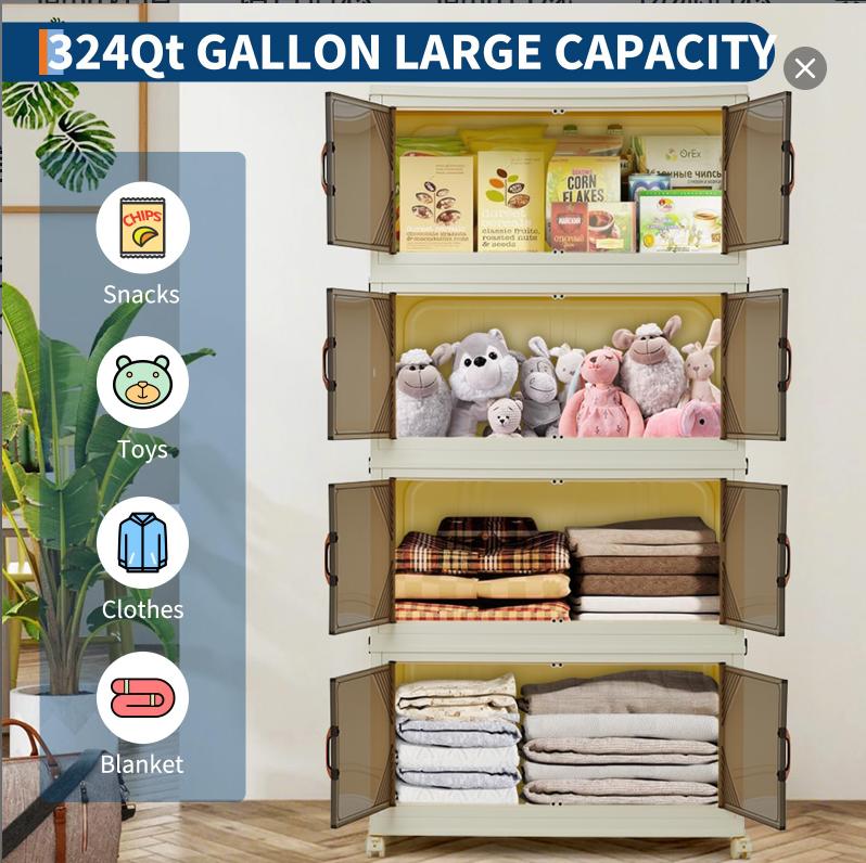 SA-Garvee 324QT Stackable Storage Bins with Lids, Closet Organizers and Storage with Magnetic Doors and Wheels, Extra Large Storage Cabinet, Collapsible Plastic Drawers for Bedroom, Dorm, Office, White
