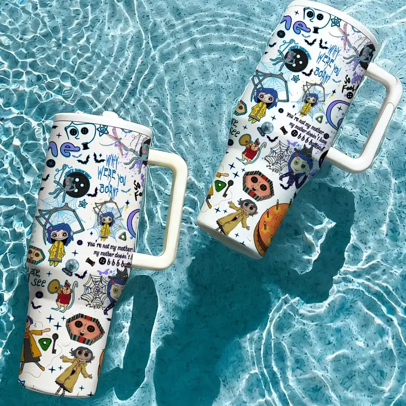 Stainless Steel Tumbler with Lid and Straw, Insulated Drink Tumbler, Coraline Cartoon Style, Vacuum Insulated Thermal Cup, Keep Hot 12H/Cold 24H, Travel Mug for Movie Fans, Gift for Horror Aesthetic Lovers and Animation Enthusiasts