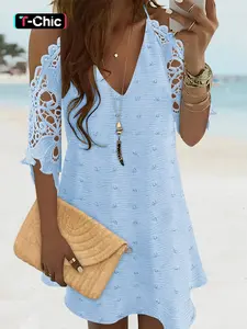 V-Neck Cold Shoulder Sleeveless Lace Hem Straight Dress Vacation Dress