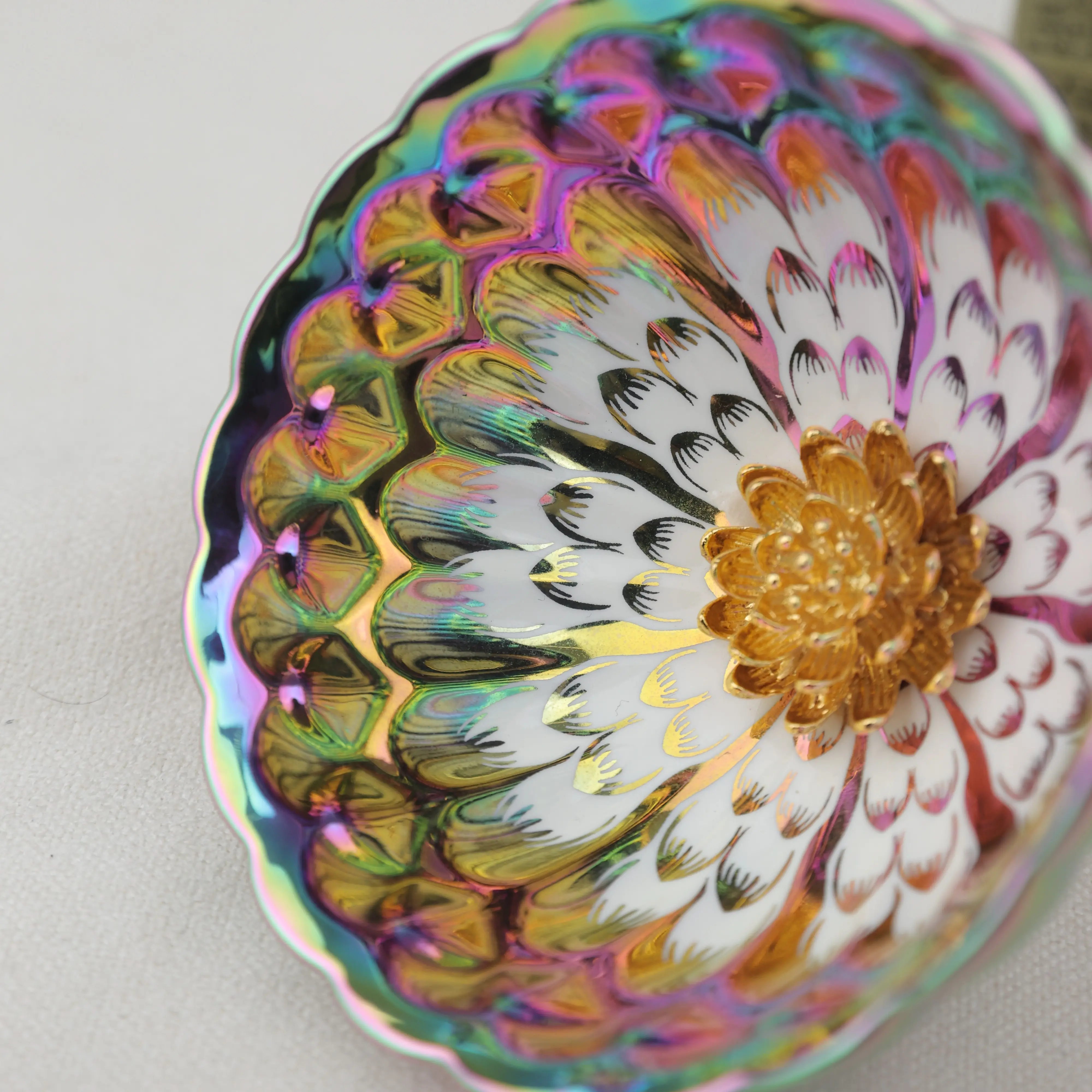 Handmade Jian Zhan ware teacup – iridescent peacock feather design, multicolored glaze with a central gold flower motif, Rainbow Ceramic Tea Cup, Chinese Heritage Craft, Gift Box Included, A Timeless Collectible & Perfect Gift