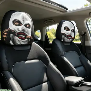 Gothic Ski Mask Bite Lip Car Headrest Covers 2 PCS, Universal Fit for Cars SUVs Trucks, Breathable Fabric Protector, Edgy Balaclava Face Design, Black Gothic Auto Accessories, Easy Install & Washable, Upgrade Your Ride with Dark Rebellious Vibe