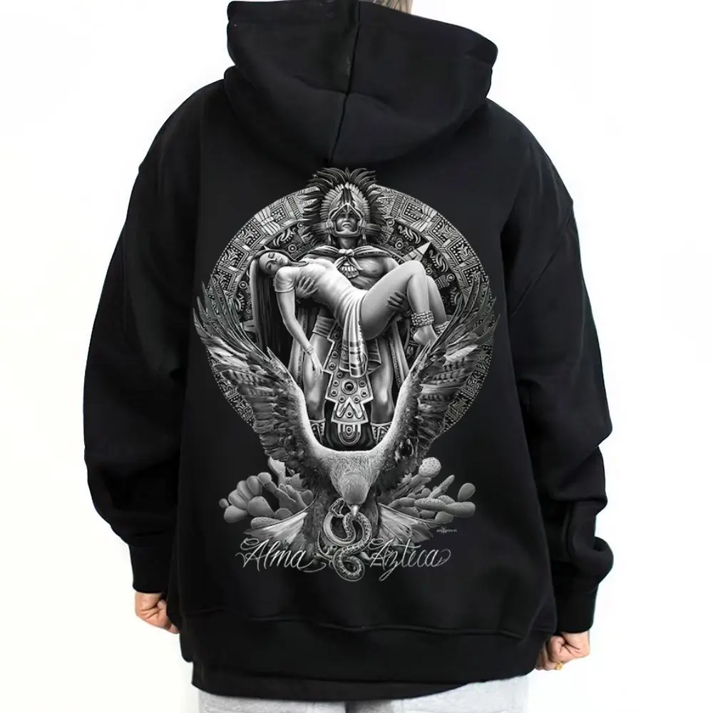Alma Azteca Unisex Printed Graphic Hoodie Sweatshirt Halloween Streetwear, Casual Fabric Tops with Chicano Chicana Vibes, T-Shirt Inspired Outfits