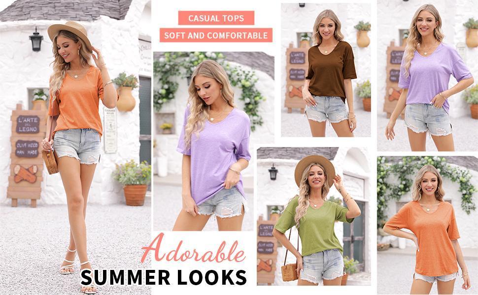 Imily Bela Women's 3/4 Sleeve Shirts V Neck Loose Fitting Tops Casual Solid Color Tshirts Trendy Basic Tunic Summer Ladies Tops
