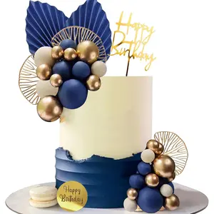 Blue White Gold Balls Cake Toppers Balls Birthday Cake Decorations for Birthday Boho Wedding Baby Shower Party Decoration (Blue White Gold)