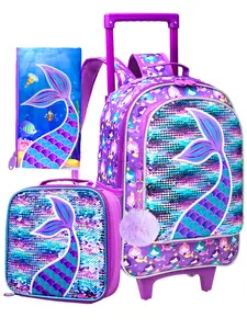 3PCS Rolling Backpack for Girls, Roller Wheels Kids Bookbag - Wheeled Suitcase Elementary Sequin School Bag -  Mermaid