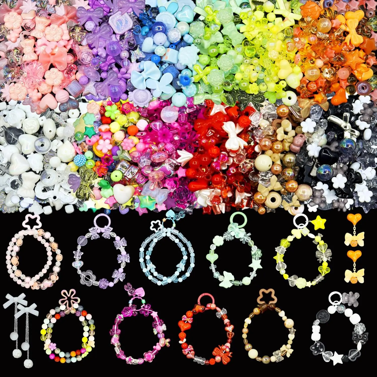 1250-1400 PCS Acrylic Assorted Beads 12 Candy Colors Flower Sweetheart Butterfly Candy Acrylic Kawaii Aesthetic Bead Assorted Beads for Bracelets DIY Jewelry Making