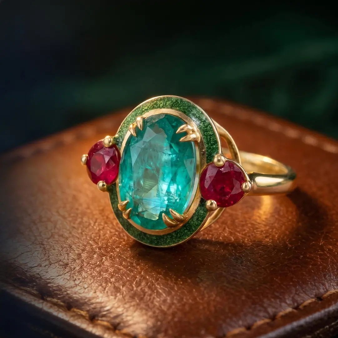 Art Deco Style Imitation Emerald & Imitation Ruby Enamel Halo Cocktail Ring with Geometric-Shaped Gold Accents, Vintage Charm Bold Costume Jewelry, Vintage Rings, Charm Rings