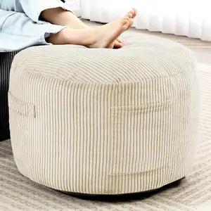 Round Stuffed Pouf Ottoman,Corduroy Foot Rest with Rebound Foam Filled, Furry and Fluffy Foot Stool Ottoman,26"*18" Floor Poufs for Living Room (Beige, 26" D x 26" W x 18" H)