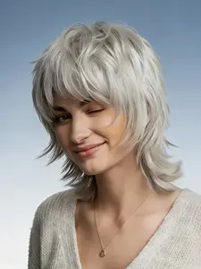 Mullet Wig with Bangs, Straight Pixie Cut, Layered Synthetic Hair, 12 Inch, Rose Net Cap, High Heat Resistant, Ideal for Cosplay, Party, Halloween, Synthetic Material Wigs