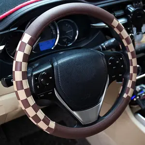Microfiber Leather Checkered Flag Brown & Beige  Steering Wheel Cover Non-Slip and Comfortable Universal 15"(Begie)