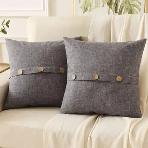 Dark Grey Linen Decorative Throw Pillow Covers 26x26 Inch t of 2,Square Euro Pillow Shams with 3 Vintage Buttons,Modern Farmhou Home Decor for Couch,Bed