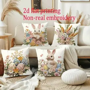 4pcs Easter Happy Bunny, Eggs, Floral, Carrot, Bow Print, Easter Theme Throw Pillow Covers, Comfortable Polyester Cushion Covers, 45x45cm (17.72x17.72inch), Zippered Design, Suitable For Home Decor, Living Room, Bedroom, Outdoor (Covers Only)