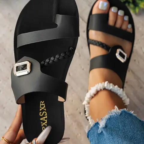 Women's Summer Flat Slide Embellished Sandals, Fashion Slides, Rhinestone Buckle Woven Strap Slip On Shoes, Comfort Casual Beach Daily Footwear