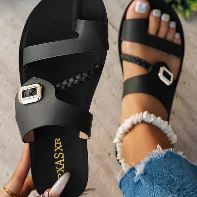 Women's Summer Flat Slide Embellished Sandals, Fashion Slides, Rhinestone Buckle Woven Strap Slip On Shoes, Comfort Casual Beach Daily Footwear