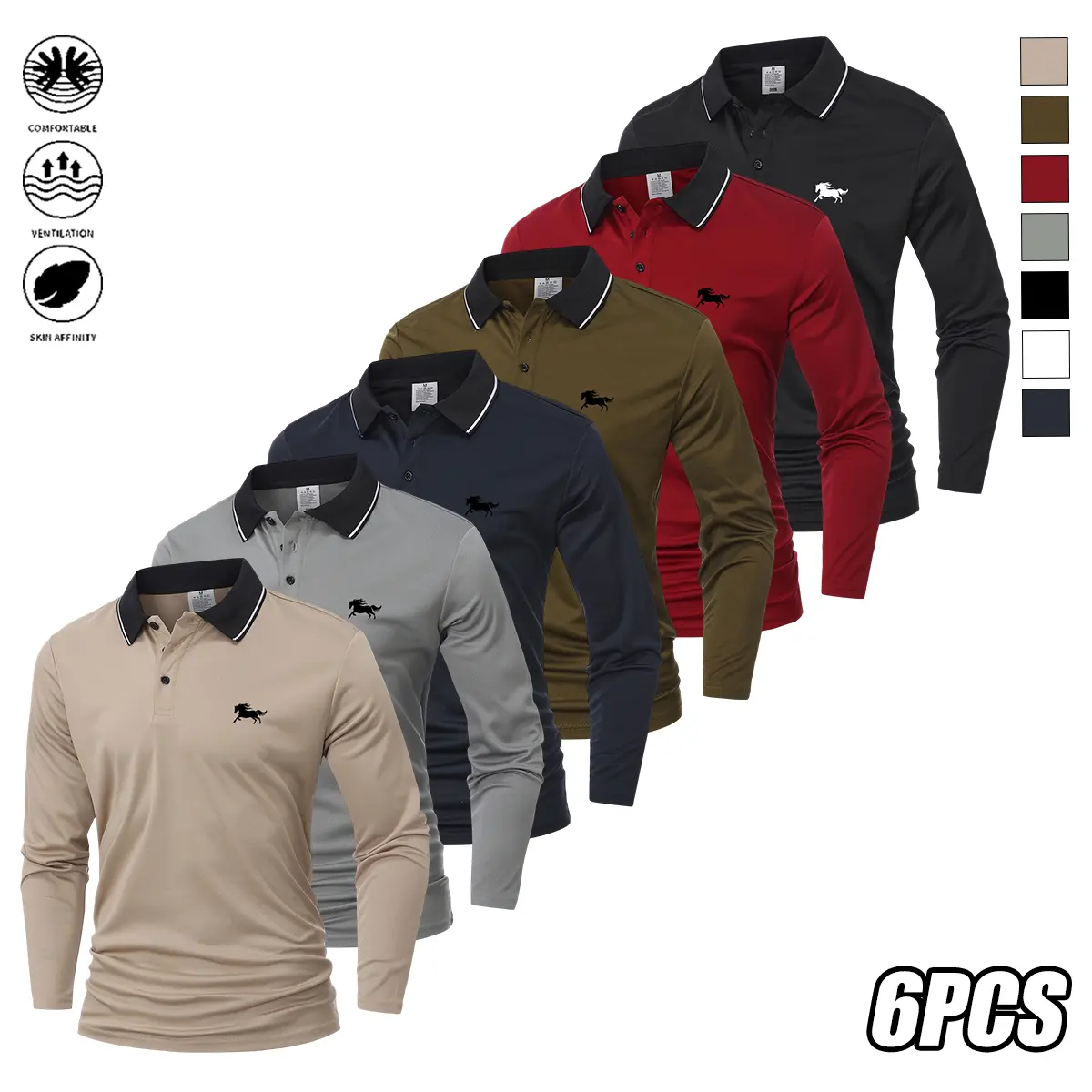 [Classic Polo Shirt] Men’s Long Sleeve Polo Shirts, 6-Pack | High-end color-block fabric, comfortable and versatile buttoned fashion tops for men, pullover shirts suitable for tennis training, business casual wear, and outdoor sports