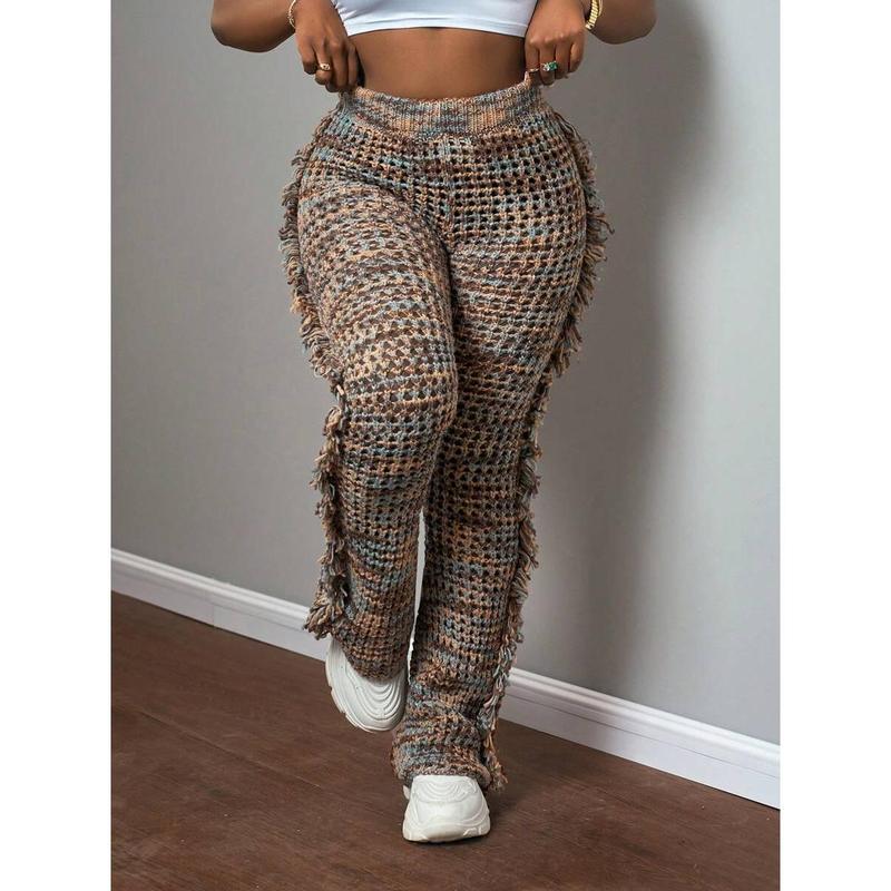 2024 New Autumn/Winter Women Long Fringe Knit Flare Pants, Casual Streetwear Fashion Style - E
