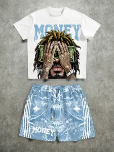 2 Piece Men's Hip Hop Streetwear Set, Money Graphic Print Short Sleeve Tee and Casual Shorts, Trendy Summer Outfit for Men Daily Street Wear
