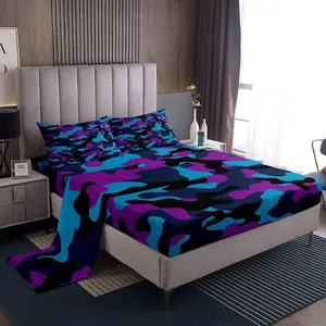 Feelyou Full Size Microfiber Camouflage Pattern Bedding Set - Soft Breathable Blue Purple Colorful Art Decor Set with Fitted Sheet