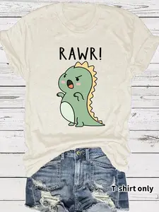 Women's Angry Dinosaur Graphic Print Round Neck Short Tee, Fashion Casual Fitted Crew Neck T-Shirt for Daily Holiday Vacation Outdoor Wear, Ladies Clothes for Summer, Tops