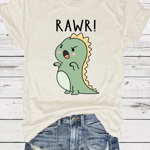 Women's Angry Dinosaur Graphic Print Round Neck Short Tee, Casual Short Sleeve, Casual Streetwear Style Fitted Crew Neck Breathable Lightweight T-Shirt Animal Graphic Tee for Daily Outdoor Wear, Ladies Clothes for Summer, Tops