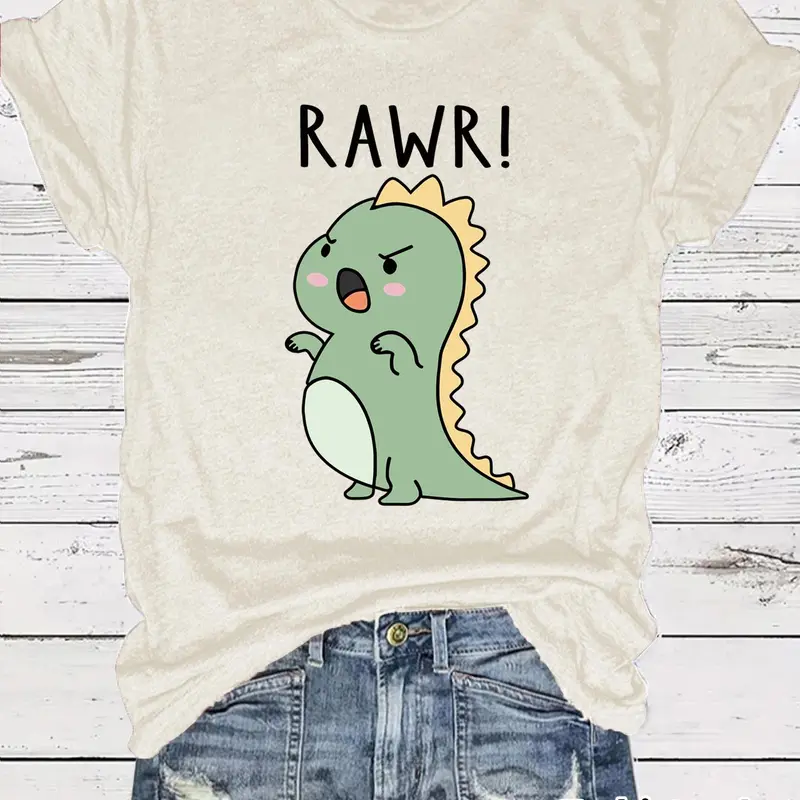 Women's Angry Dinosaur Graphic Print Round Neck Short Tee, Casual Short Sleeve, Casual Streetwear Style Fitted Crew Neck Breathable Lightweight T-Shirt Animal Graphic Tee for Daily Outdoor Wear, Ladies Clothes for Summer, Tops