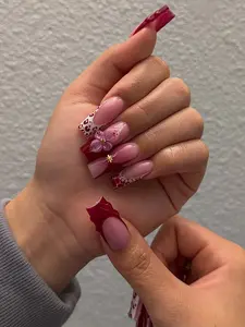 Bowtie Nailbox | Leopard Print Red Pink French Tip Press On Nails 3D Flower Design | Luxury Handmade Reusable Coffin Fake Nails Gel Nail | Long Sweetheart Valentine Glossy Finish 2026
