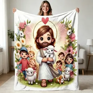 Jesus with Lambs, Flannel Blanket Soft, Warm, Cute Design Printed Pattern, for Living Room, Bedroom, Sofa, AllSeason Use, Halloween | christmas | room decor | fall decorations for home, Cozy Blanket, Contemporary Style, Decorative Throw