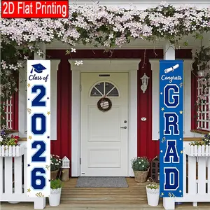 2pcs，2026 Graduation Season Party Porch Banner, Blue and White Graduation Hat Pattern Design, Outdoor Courtyard Lawn Decoration Flag, Polyester Material, Suitable for Graduation Season Party Decoration, Stage and Room Decoration, Home Decoration