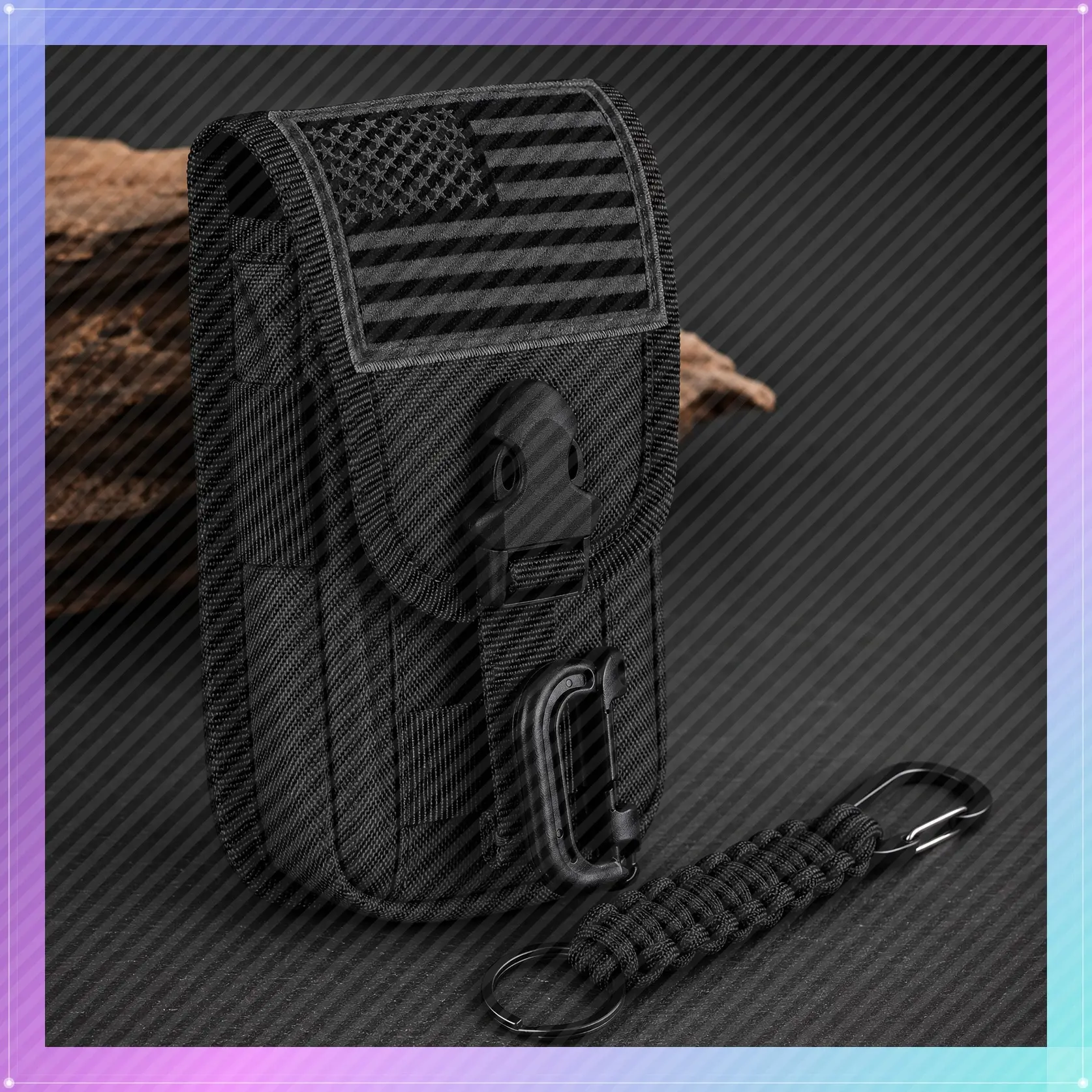 Molle Phone Pouch, Smartphone Waist Belt Holster Buckle Closure Utility Card Holder with Flag Patch Keyring and 1 D-Ring for 4.7"-6.7" Cell Phone