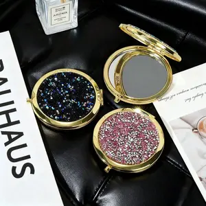 Sparkling Diamond Glitter Round Double-Sided Makeup Mirror – Portable, Compact, and Foldable Metal Mirror for Women