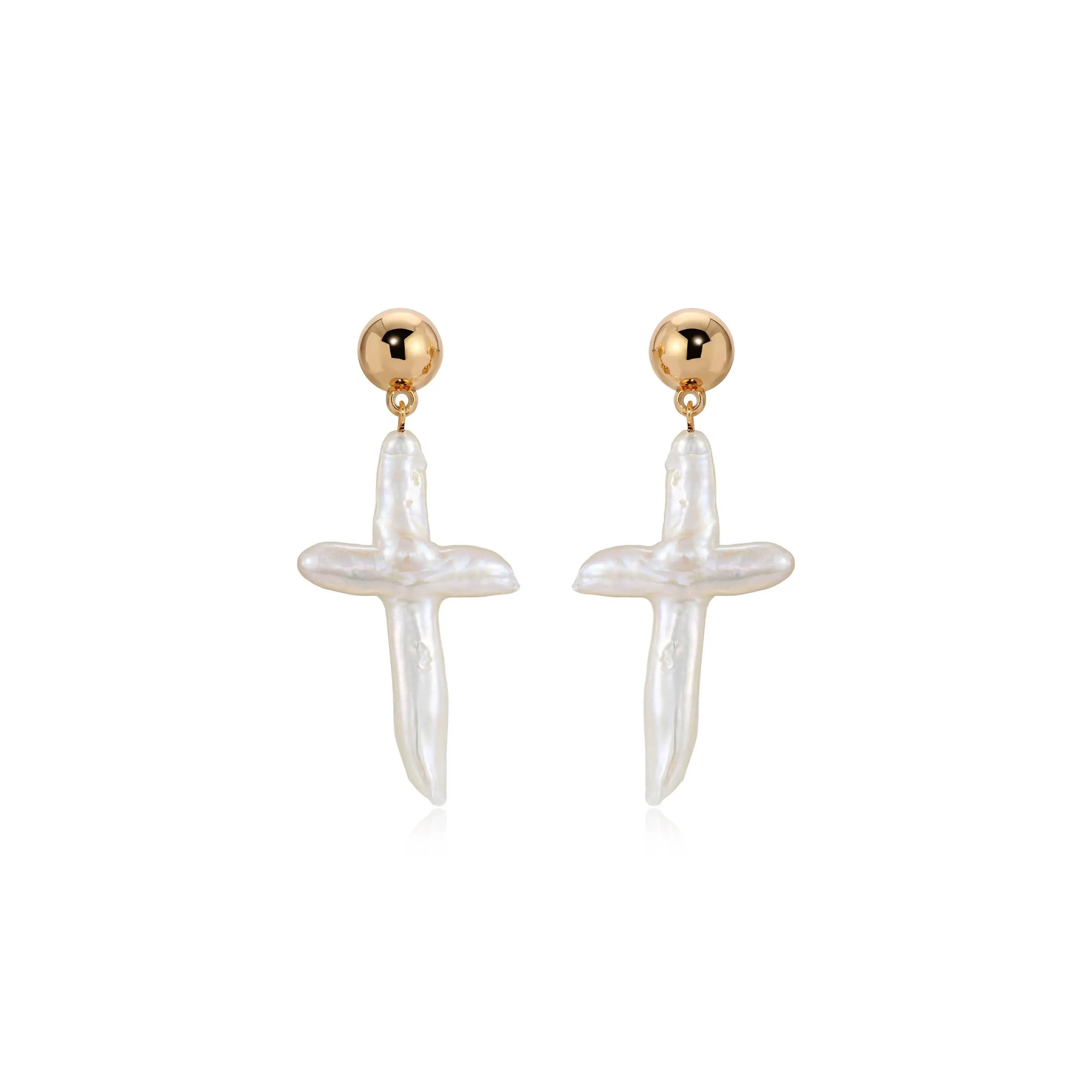 Ettika Organic Freshwater Pearl Cross Earrings with Gold Finish and Natural Pearl Design