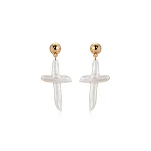 Ettika Organic Freshwater Pearl Cross Earrings with Gold Finish and Natural Pearl Design