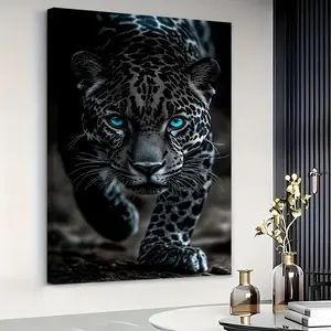 2D Flat, Black Panther Canvas Wall Art with Blue Eyes - 16x24inch or 24x36inch Solid Wood Frame, Modern Home Decor, Suitable for Living Room, Bedroom, Office - Detailed Panther Print and Blue Eyes Design, Easy-to-Install Hooks, Canvas Wall Art Ready to Ha