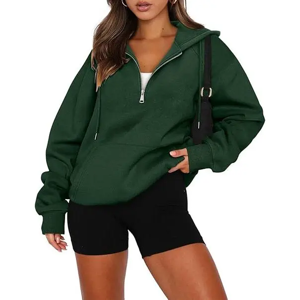 Onlypuff Women's Casual Cozy Pullover Hoodie - Basic Minimalist Crew Neck, Long-Sleeve Fleece, Baggy Cut, Medium Length, Kangaroo Pocket, Half-Zipper, Tops for Women, Casual Hooded Sweatshirts, Sweatshirts,sohochic