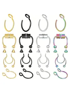 Unisex Magnetic Fake Nose Ring Set, Stainless Steel No Piercing Needed, Double Circle Design, Arrow Tip Replacement Head, 8mm Size, Nose Cuff