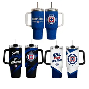 Cruz Azul Campeones 40oz Tumbler with Handle & Straw, Deportivo Cruz Azul Mexico Fan Gift, “Somos Azules de Corazón” & “Azul Es Mi Destino” Design, Insulated Stainless Steel Travel Mug Set, Soccer Team Merchandise Cup