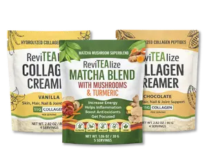 ReviTEAlize Travel Sizes Bundle - Matcha & Collagen Creamers Vanilla & Chocolate for Clean Energy & Beauty Support on-the-go - Beverage, Colagen