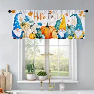 1 Pc 2 Gnomes And Colorful Pumpkins Maple Leaves Flowers Autumn Thanksgiving Watercolor Printing Kitchen Curtains Valance Living Room Bedroom Bathroom Home Decor 54x18 Inch