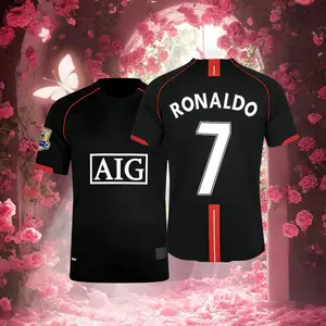 07 08 Manchester United Away Short Sleeve Shirt 7# Ronaldo Retro Soccer Jersey Black Fans Version
