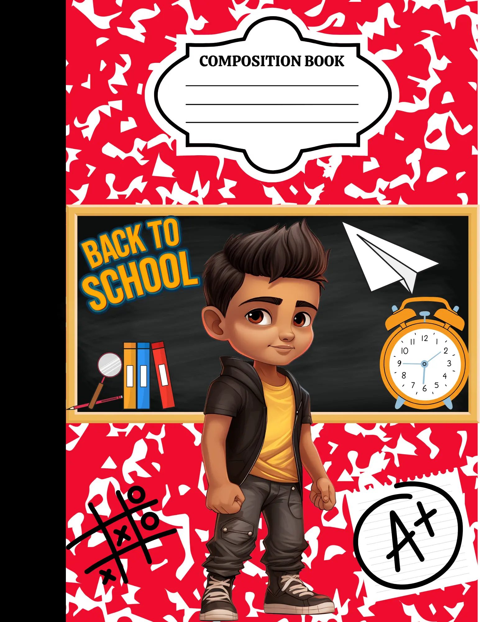 Back to School Composition Notebook Red Chalkboard Design with Student Illustration & Educational Elements Perfect for Students