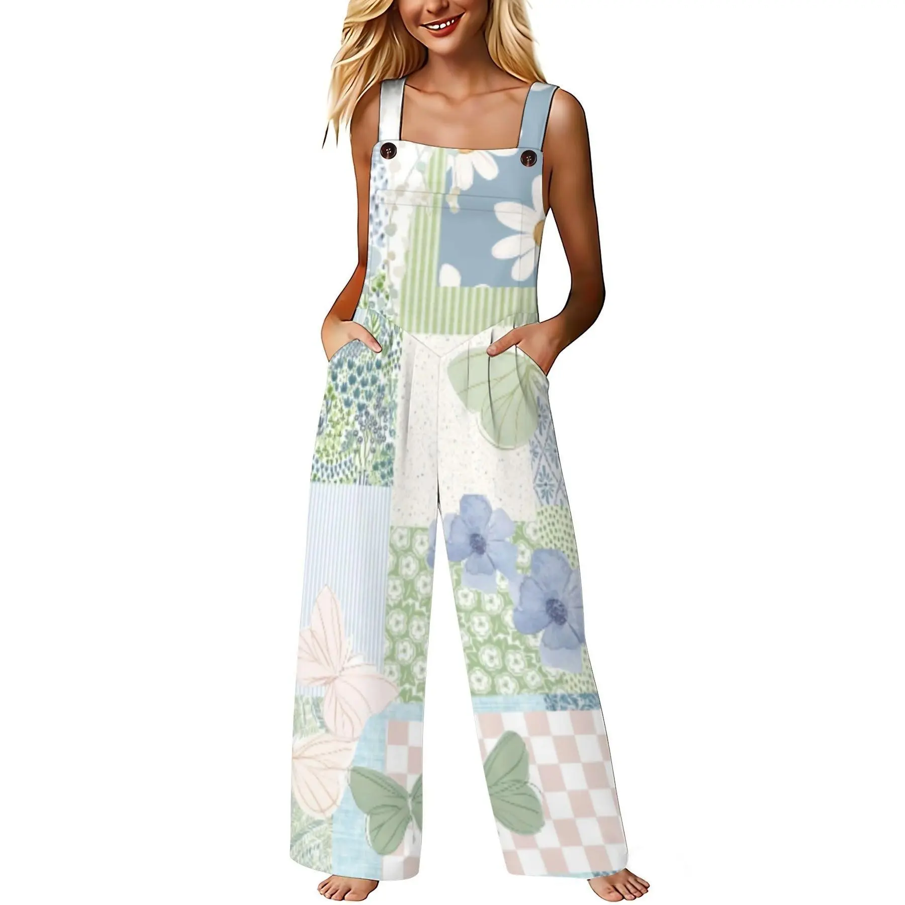 Womens Patchwork Floral Butterfly Print Wide Leg Overalls Sleeveless Square Neck High Waist Jumpsuit With Pockets For Boho Casual Summer Wear
