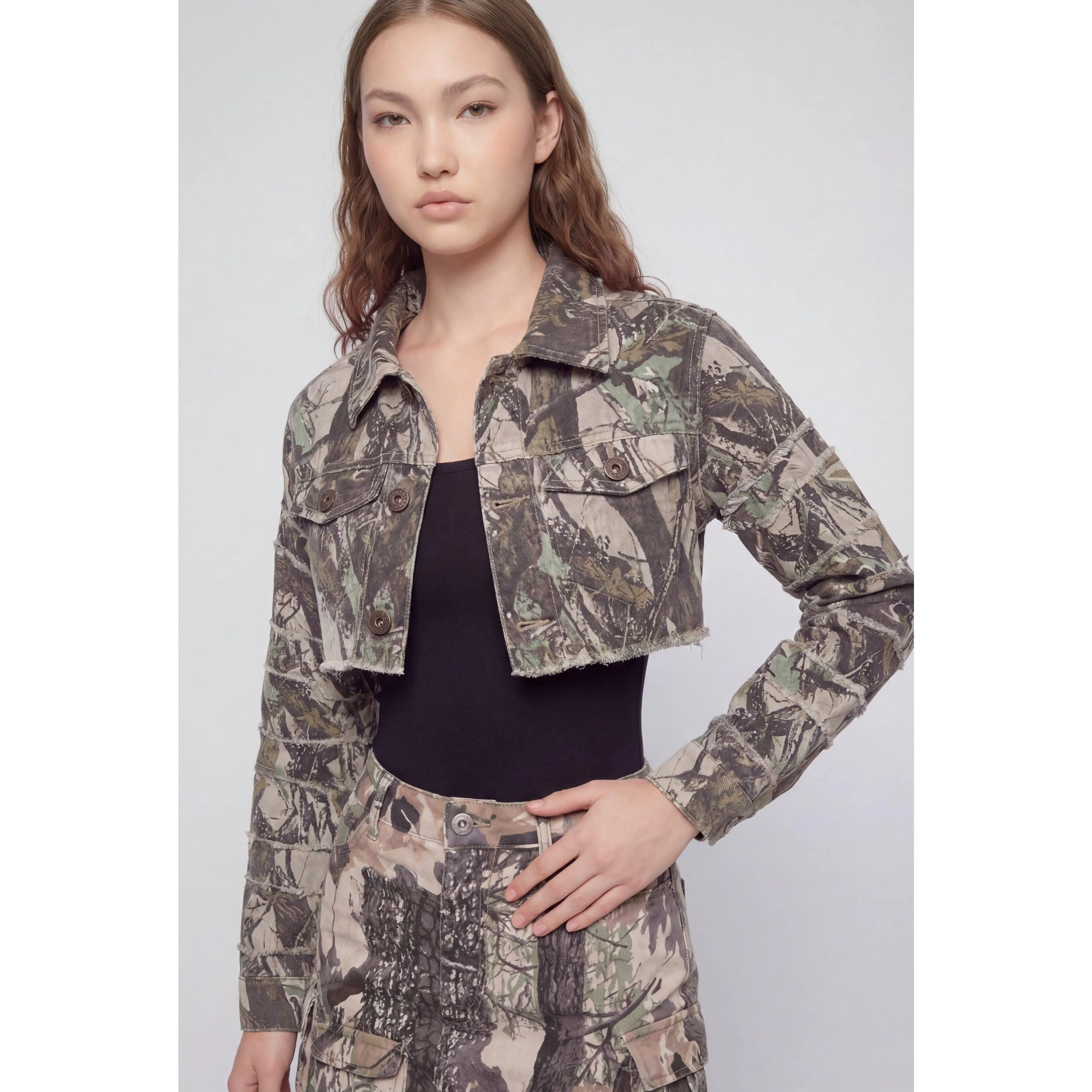 Camo Frayed Hem Denim Jacket