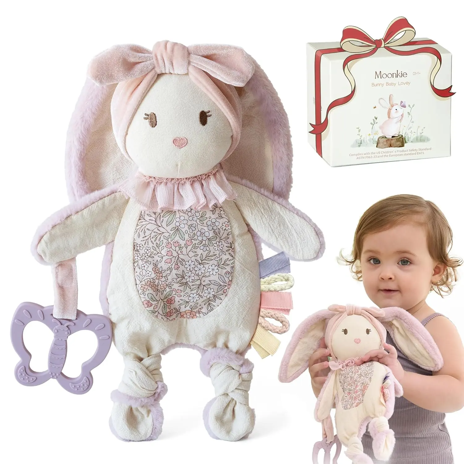 Bunny Baby Lovey Security Blanket with Silicone Teether, Crinkle Sensory Toy, Soft Minky Velour & Cotton Comfort Toy for Newborn Girls