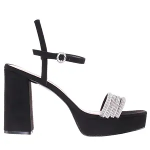 Nina Womens Sully Rhinestone Ankle Strap Block Platform Dress Sandals High Heel 3" & Up - Black